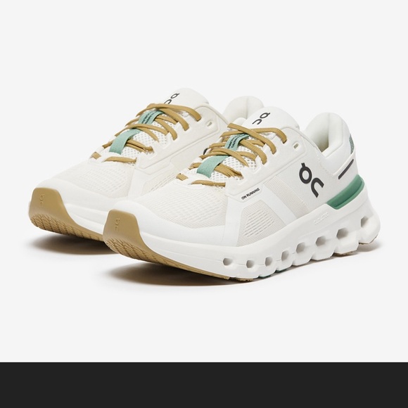 On Running Shoes - On Running White Sneakers with Green and Tan Accents
